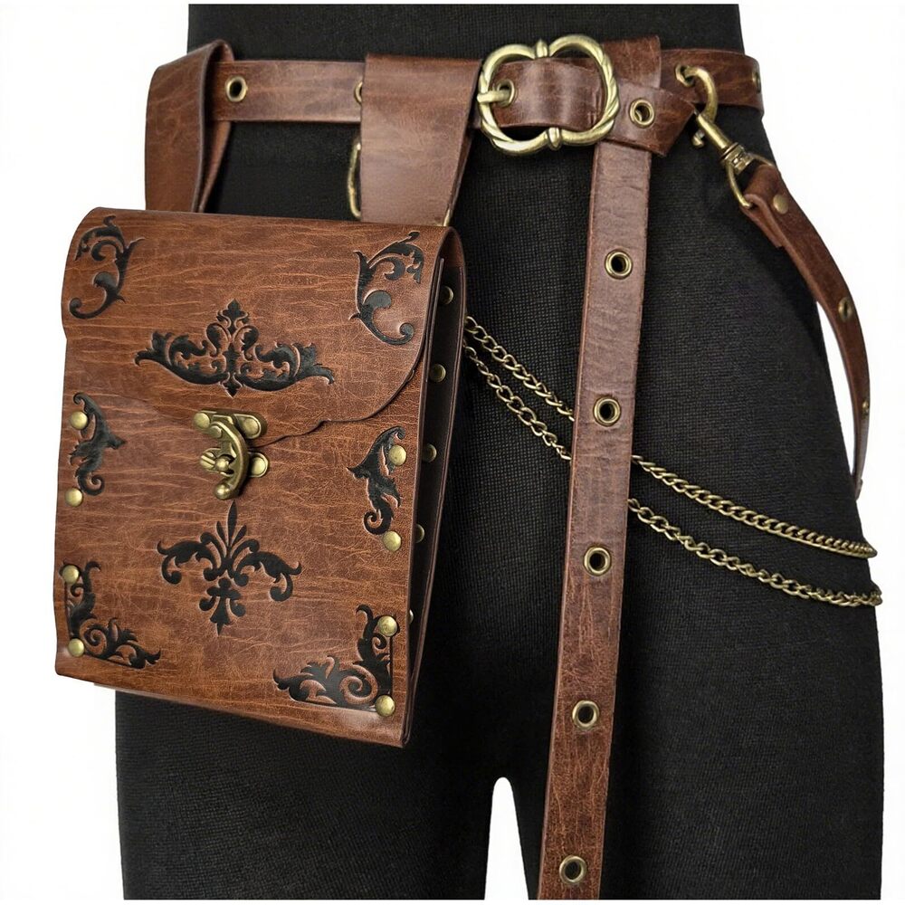 9337 2PCs Medieval DIY Belt with Vintage Renaissance Bag Faux Leather
